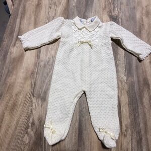 Vintage Baby Kisses Footed Romper Ivory Knit Lace Bow Coquette 6-9 Months